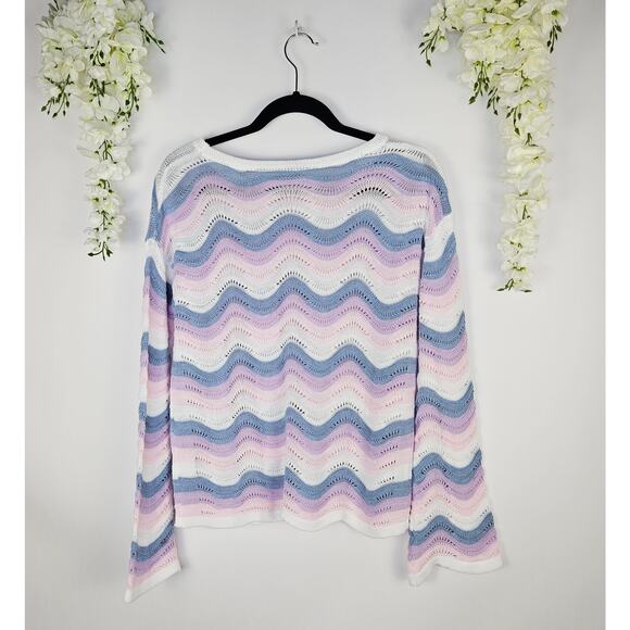 Pastel Wave Open Knit Sweater Large Cottage Y2K Soft Girl Lightweight Coquette - Picture 4 of 12